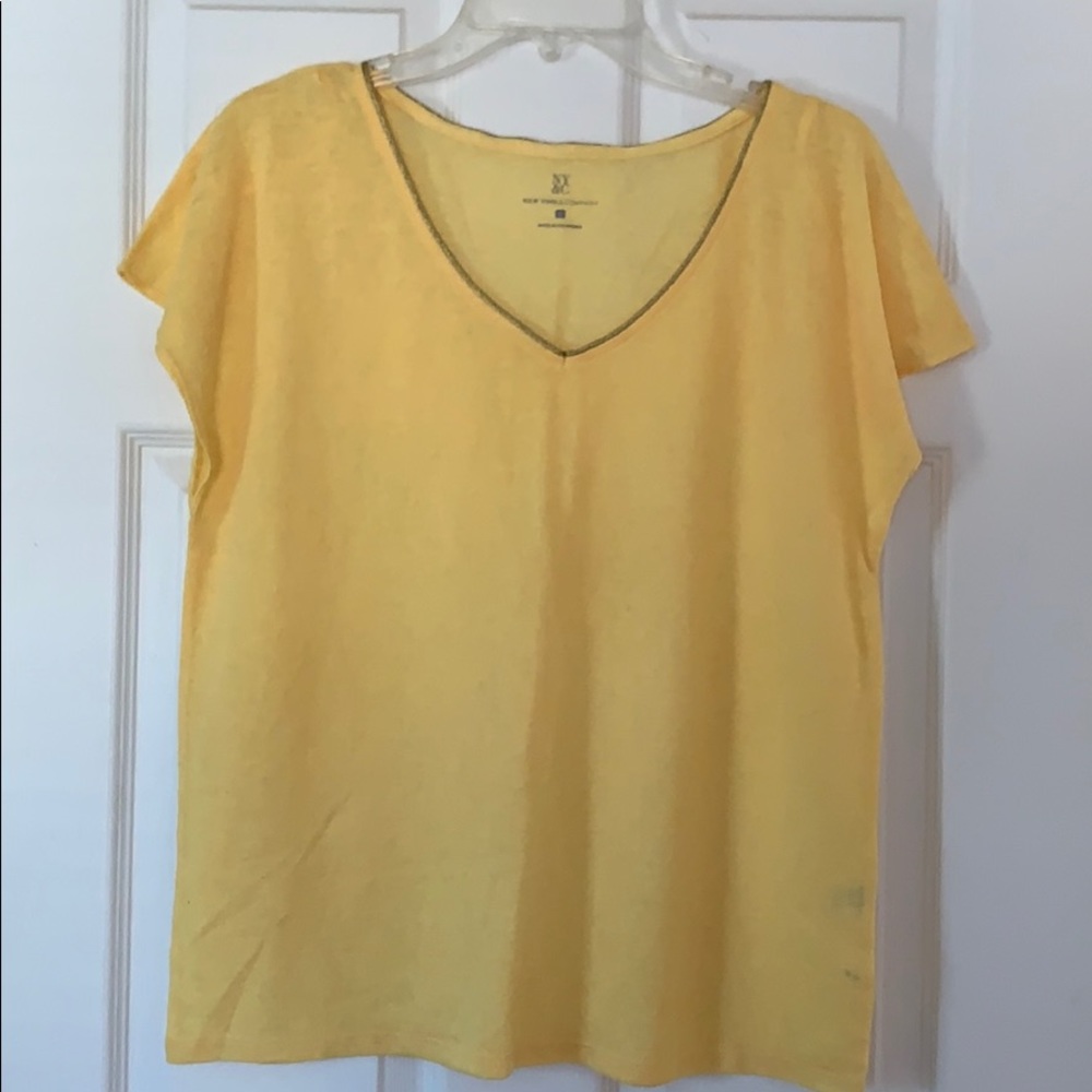 NY&C yellow blouse with gold trim neckline